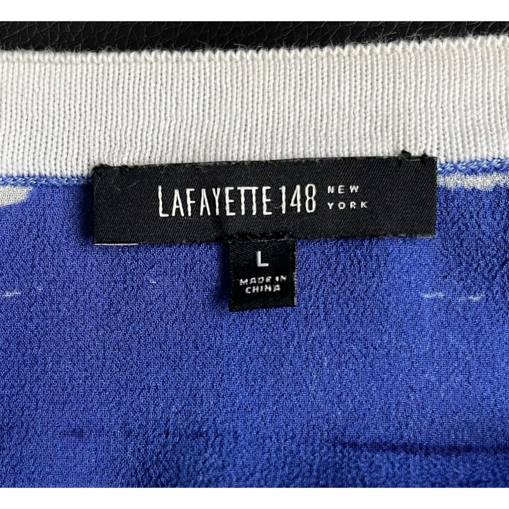 Lafayette 148‎ Abstract Stripe Silk Panel Knit Cardigan Sweater Blue White Large - Picture 4 of 12